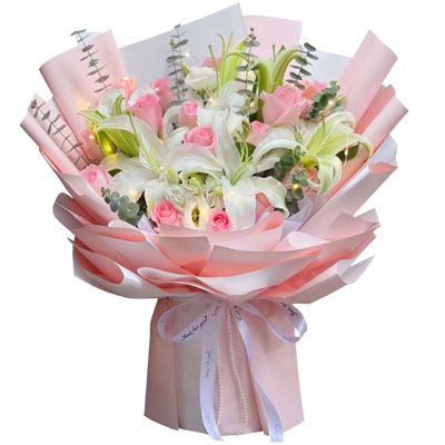 天津16朵粉玫瑰百合，感情稳定坚固