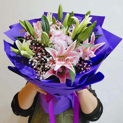 天津6支粉色多头百合，真诚的问候